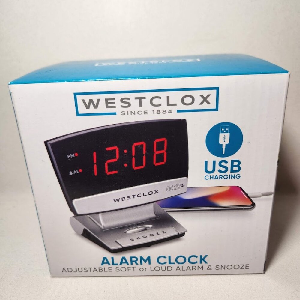 Digital Desk Table Alarm Clock with USB Charging Port Black Silver LED Large 0.9